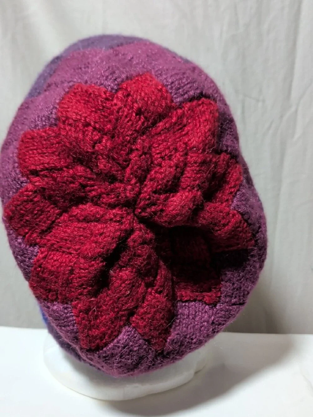 Entrelac Hand-Knit Purple Plaid Beanie - Women's Winter Hat Slouchy Warm Wear